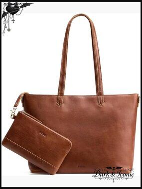 Large Leather Tote Satchel with Pouch Set 2pcs Real Cowhide Handbag